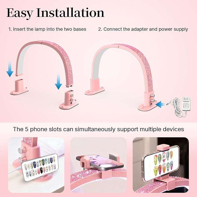 BLUVALL Half Moon Light for Nail Desk, Portable Nail Light for Desk with Phone Holder, Stepless Adjustment of Brightness and Color Temperature, Desk Lamp for Nail Tech, Eyelash, Tattoo, Makeup (Pink)