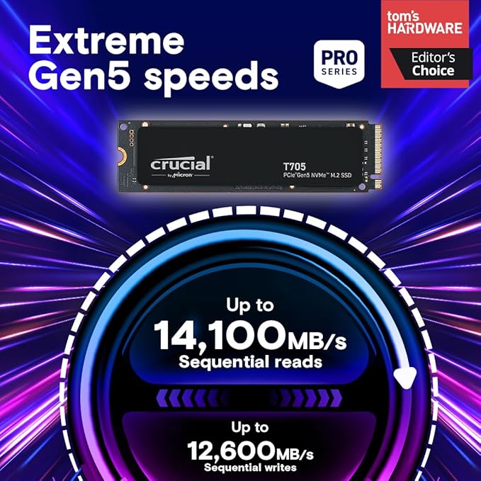 Crucial T705 PCIe Gen5 NVMe 4TB SSD, Up to 14,100MB/s, TLC NAND, Intel & Ryzen Compatible, for Hardcore Gaming & High-Speed Storage, Solid State Drive, Includes 1Mo Adobe CC – CT4000T705SSD3
