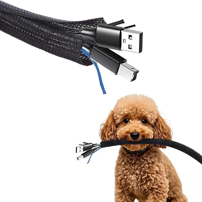 10ft - 1/2 inch Cord Protector Wire Loom Tubing Cable Sleeve Split Sleeve for USB Cable Power Cord Audio Video Cable - Management for TV Computer - Protect Cat from Chewing Cords - Black
