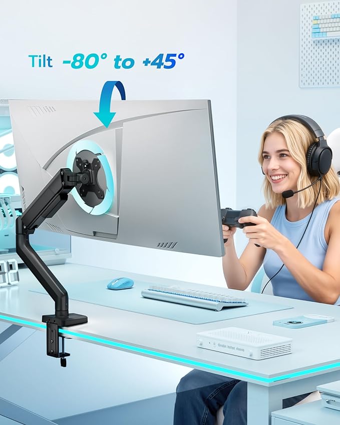 ARES WING Heavy Duty Single Monitor Arm - Fully Adjustable Monitor Mount for 40 34 32 27 Inch Ultrawide Screens Up to 26.4 lbs with Clamp/Grommet Desk Mount, 75/100 Vesa Mount, Black