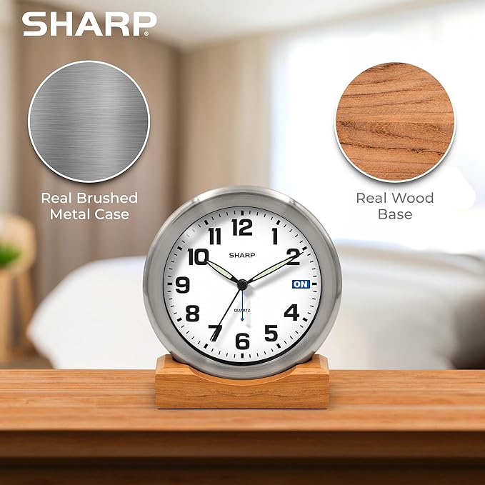 Sharp Silent Sweep Quartz Analog Desk Clock with Alarm Status Indicator on Dial, Brushed Metal Clock with Genuine Wood Stand, Great Gift for Home or Office