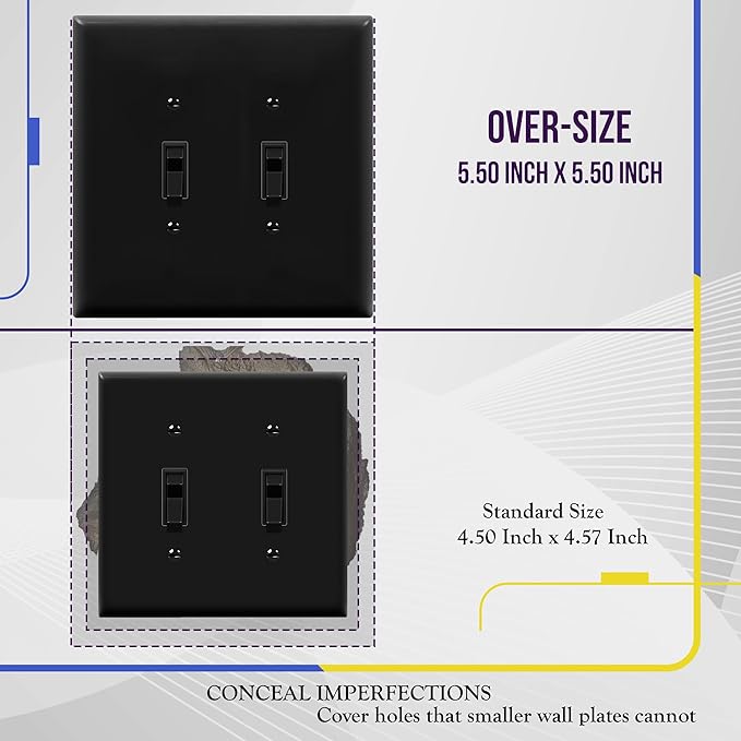 ENERLITES Jumbo Double Toggle Switch Cover, Large Two Gang Light Switch Wall Plate, Gloss Finish, Oversized 2-Gang 5.5" x 5.5", Polycarbonate Thermoplastic, UL Listed, 8812O-BK-5PCS, Black, 5 Pack