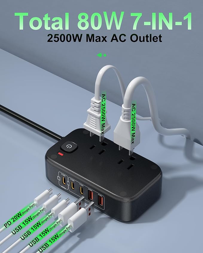 KWRNVO 5FT Travel Power Strip with USB Ports, 7-IN-1 Flat Extension Cord USB C Power Strip with 2500W AC Outlets, 3 USB-C Ports, 2 USB-A Ports Outlet Extender for Home/Office/Travel Essentials
