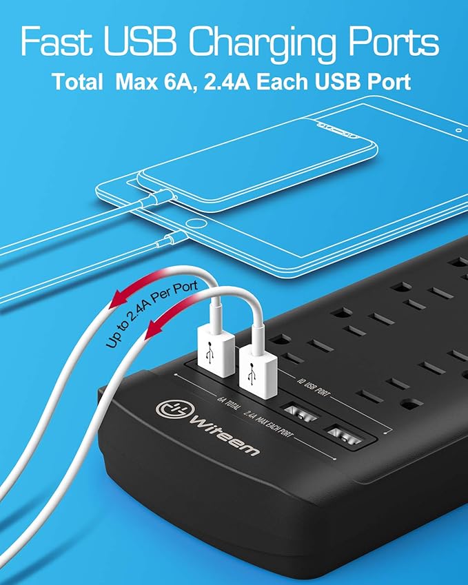 Witeem Surge Protector Power Strip - 12 Outlets,4 USB 6A Ports, 6Ft Extension Cord, 1875W/15A, 4360Joules, Overload Protection - Ideal for Home & Office Use (Black-USB6A)