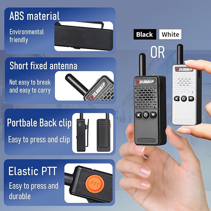 ELIDAIP T-M2 Super Mini Walkie Talkie for Adult Kids,Rechargeable Portable FM Transceiver,Small Two Way Radio for Supermarket,Hotel,Outdoor Sport,Hiking,Camping,Indoor,Family Trip,White 1 Pack