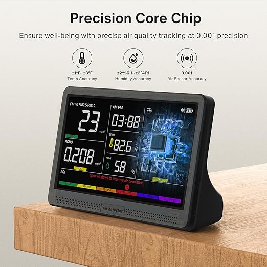 16 in 1 Air Quality Monitor Indoor 7" Display 9 AQI+7 AQI Alerts, CO2 Monitor Air Quality Tester for CO2, TVOC, PM2.5 PM1.0 PM10, HCHO Temperature Humidity AQI & Time Air Quality Meter for Home