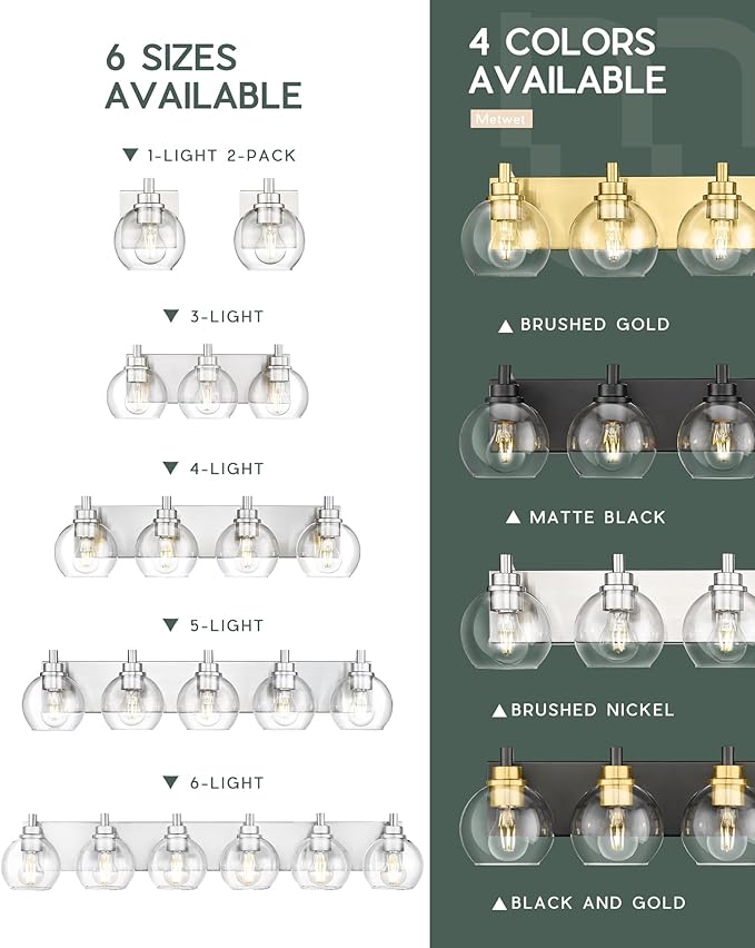 METWET Bathroom Light Fixtures, 6 Light Brushed Nickel Vanity Light, 38 Inch Modern Wall Sconces with Globe Clear Glass Shade, Vanity Lighting Fixtures Over Mirror, VL195-BN-6