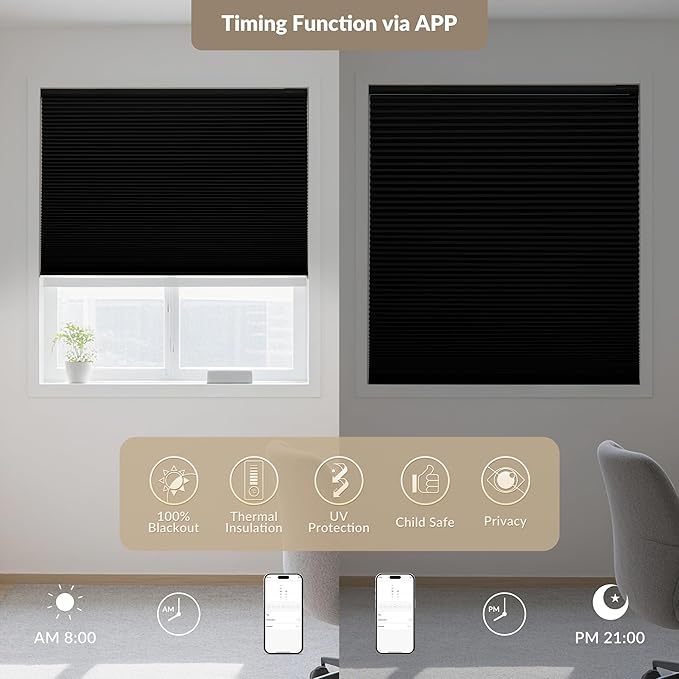 Boolegon No Drill Motorized Cellular Blinds with Remote Motorized Blackout Honeycomb Blinds for Indoor Windows Easy to Install Automatic Cellular Shades for Home,Blackout Black,Custom Size