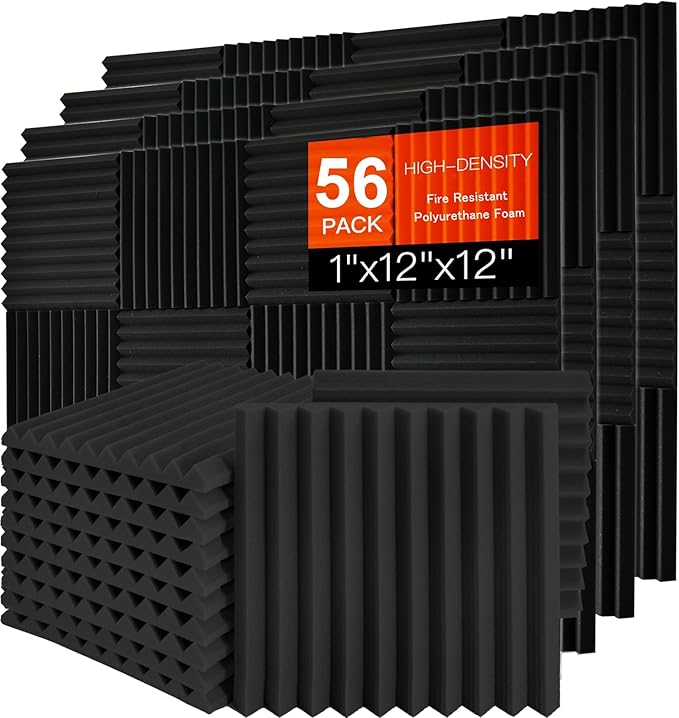 Saiqiang 56 Pack Acoustic Foam Panels, 1" x 12"x 12" Sound Proof Foam Panels For Wall Fire Resistant, Noise Cancelling Dampening Sound Absorbing Black Wedge Panels For Studio Recording & Office & Home