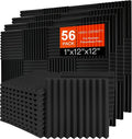Saiqiang 56 Pack Acoustic Foam Panels, 1" x 12"x 12" Sound Proof Foam Panels For Wall Fire Resistant, Noise Cancelling Dampening Sound Absorbing Black Wedge Panels For Studio Recording & Office & Home