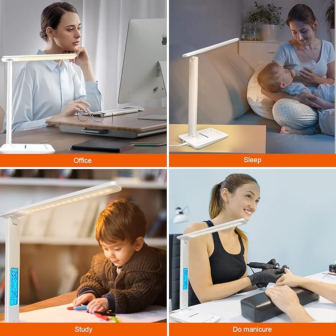 snsok Desk Lamp with Wireless Charger, USB Charging Port, Dimmable Office Desk Light with Clock, Alarm, Date, Temperature, Foldable Lamp for Table Bedroom Bedside Office (White)