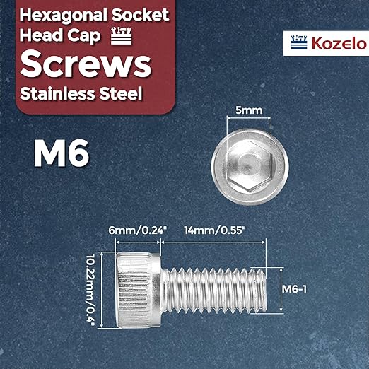 Kozelo 50pcs Socket Head Cap Screws - [M6-1 x 14mm] 304 Stainless Steel Allen Socket Drive for Electrical Motor 3D Printing Fan Engine Replacement Use, Silver