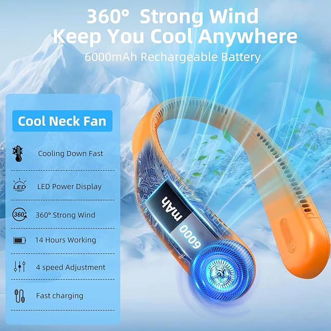 Portable Neck Fan,Hands Free Personal Wearable Bladeless Fan,6000mAh USB Rechargeable,360° Cooling,LED Display,4-Speeds,Birthday Gifts for Men Women Dad Mom,Valentines Day Gifts for Her Him (Orange)