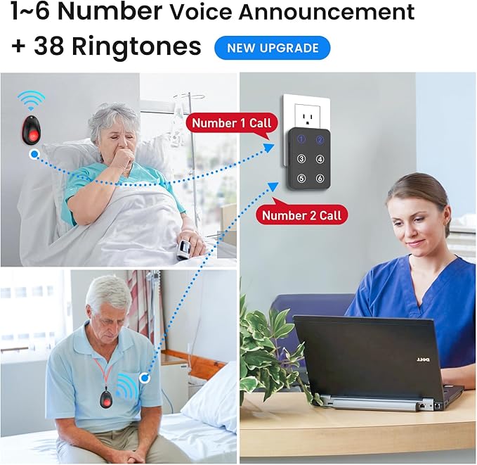 CallToU Wireless Call Button Caregiver Pager Nurse Call System for Elderly/Patients at Home/Hospital with Voice Announcements and LED Number Display (6 Waterproof Call Button & 1 Receiver)