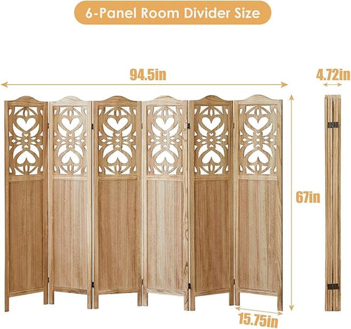 ALeesing 6 Panel Room Divider Fully Assembled, Carved Room Dividers and Folding Screens, 5.6Ft Wood Room Divider Screen Freestanding Partition Wall Dividers for Home Bedroom Office, Rustic Wood Color