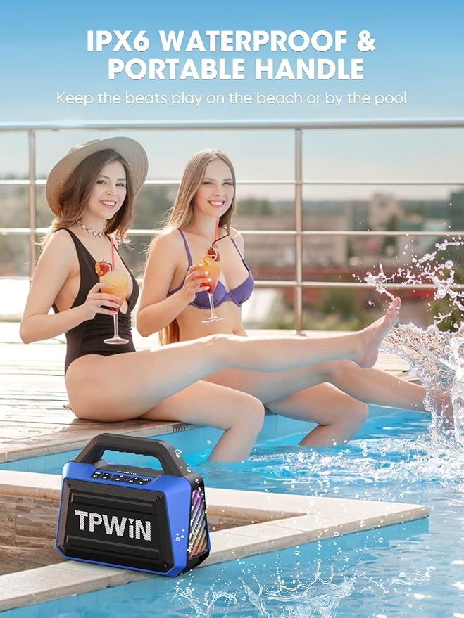 TPWIN Portable Bluetooth Speakers Loud - Wireless Speaker 80W Peak, Light Show, 20H Playtime, Strong Bass, BT 5.3, TWS, IPX6 Waterproof for Outdoor Travel Beach Camping - Blue