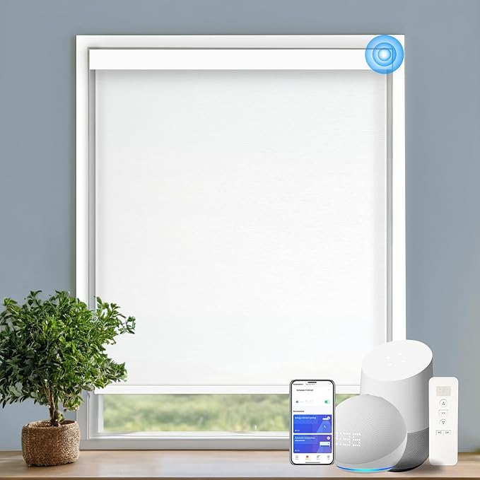 COOLWINDS Motorized Blinds with Remote Cordless Automatic Motorized Shades Custom Blinds for Windows Smart Curtains Compatible with Alexa Google Home(Light Filtering Jacquard White,Custom Size)