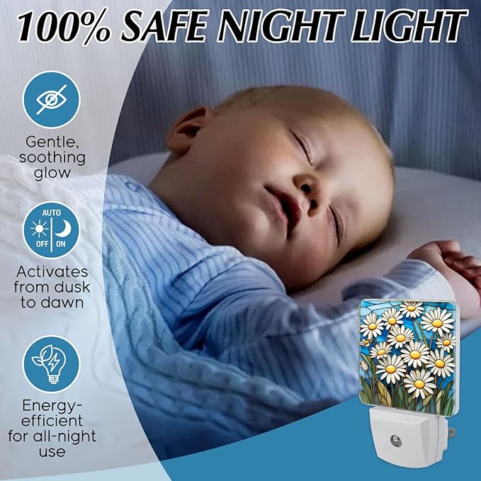PODMemory Daisy Stained Glass Night Lights Plug into Wall for Room, Daisy Night Light LED for Bedroom