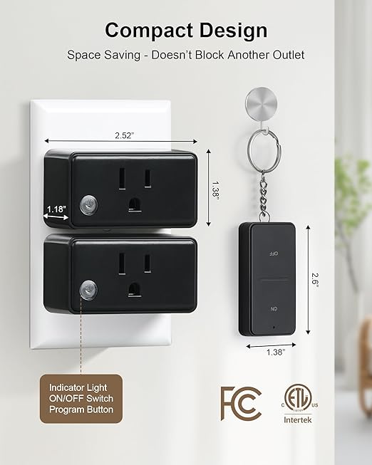 TREEWELL Remote Control Outlet Plug, 200FT Long Range Wireless Light Switch, Compact Design, 15A/1875W High-Power for Lamps, Lights, Household Appliances, FCC & ETL Listed