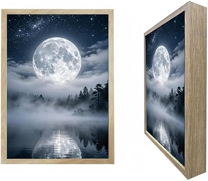 URVIP LED Glowing Photo Frame, 3D Starry-Sky Moon Lake Misty Forest Wall Art, 9x12 Inches Dimmable Light Up Light Painting for Bedroom, Unique Aesthetic Decor, Great Birthday Gift for Women Men