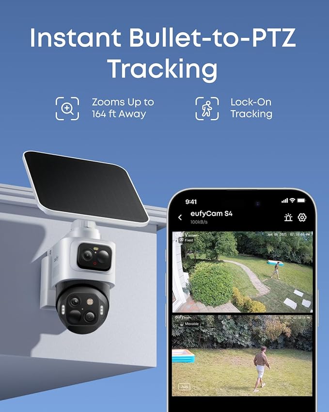 eufy Security eufyCam S4 2-Cam Kit,4K Solar Camera Wireless Outdoor, Triple Lens Bullet-PTZ Cam, 360° View, Cross-Cam Track, Al Recognition, 8X Zoom, Color Night Vision, 0 Monthly Fee, Local Storage