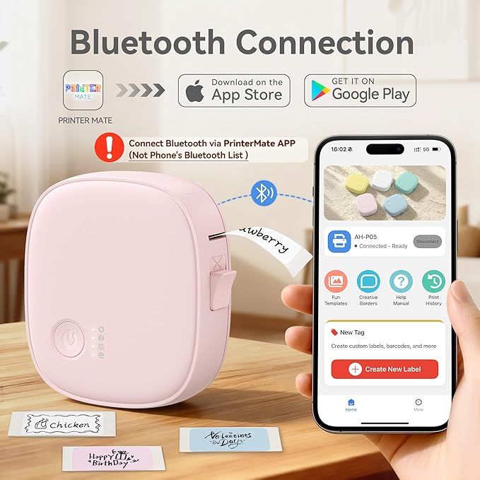 XenGro Mini Label Maker Machine with Tape AH-P05 - Portable Bluetooth Mini Label Printer, Wireless Thermal Label Maker, Waterproof & Rechargeable, Built-in Cutter, for Home, Office, Kitchen - Pink