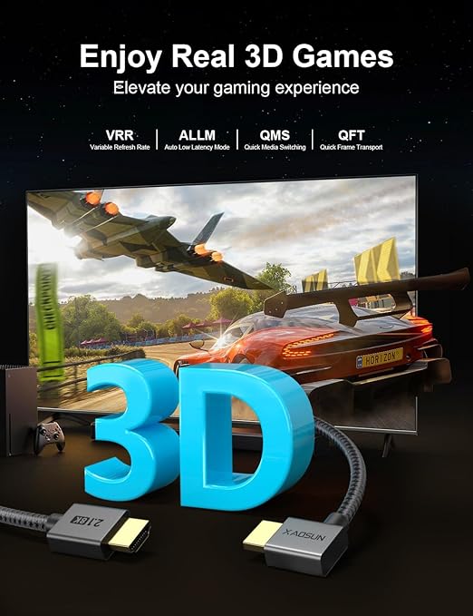 XAOSUN HDMI 2.1 Cable Right Angle 3.3FT, 48Gbps Ultra High Speed HDMI Cord 8K@60Hz 4K@120Hz Dynamic HDR eARC HDCP 2.2& 2.3 HDR10, Compatible with ps5,ps4,x-Box,roku TV,HDTV,Blu-ray,lg,Samsung
