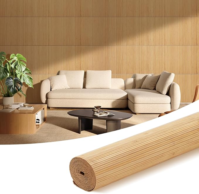 OUZUGIE 1 Pack 96x24 Inch Natural Bamboo Wall Panel – Twinned Carbides Pole Wrap Paneling for Walls, Ceilings, Cabinets, Furniture – Ideal for Bedroom, Living Room & Office DIY Decor