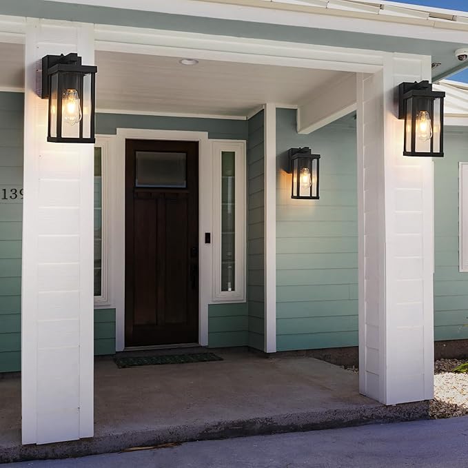 JOKAONOTL Dusk to Dawn Porch Lights with GFCI Outlets Waterproof Outdoor Wall Lights Exterior Lighting Fixtures Modern Outside Lights Wall Mount for House Patio Garage,Black,11.8''H, 2 PC