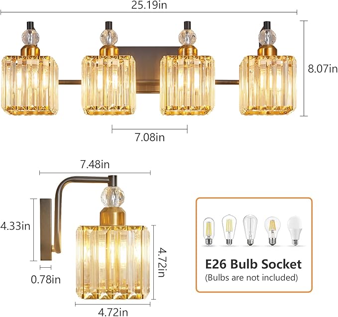 BBLLWJ Black and Gold Bathroom Lights Fixture 4-Light Bathroom Light Gold Brushed Brass Finish Crystal Vanity Light Fixtures Modern Bathroom Light Fixtures Over Mirror