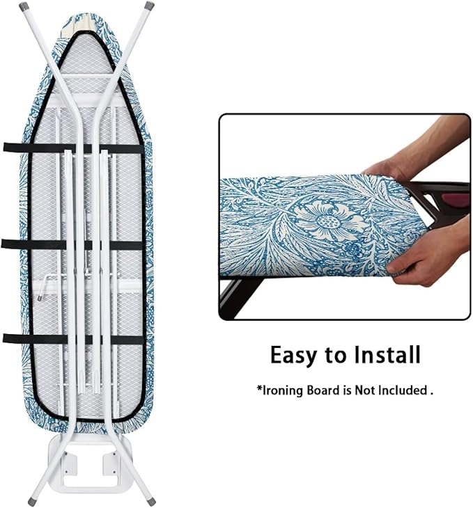 ZCFYGDX William Morris Decor Ironing Board Cover - Elastic Edges Nylon Buckle Straps Hook & Loop Fastener Strap,Easy to Install Scorch-Resistant Stain Resistant Standard,Blue Floral Leaf Print