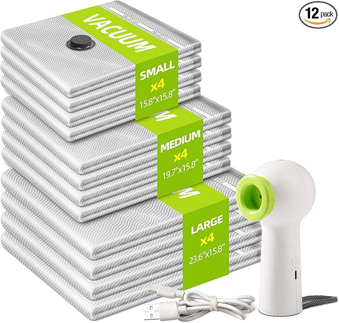 VACKFOX 12 Pack Vacuum Bags for Travel with Rechargeable Air Pump Equipped LED Light, Vacuum Storage Bags(4L+4M+4S), 80% Space Saver Vacuum Seal Bags for Blankets, Comforters, Lugggage