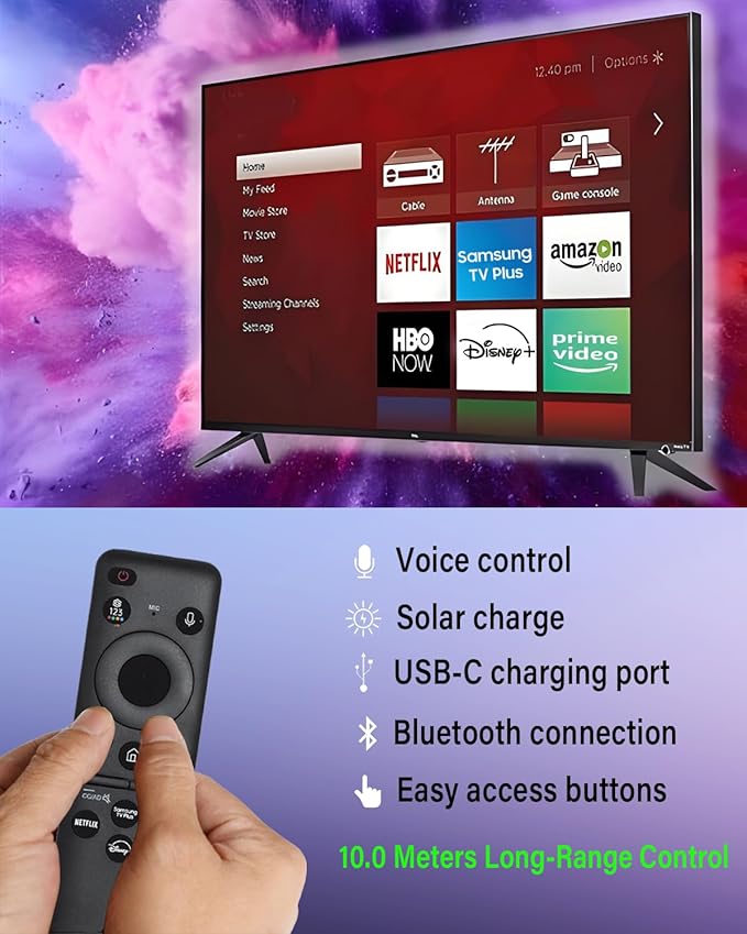 BN59-01455A Voice Solar Remote Control Replacement for Samsung Smart TV Remote Control - with Bluetooth and C-Type Charging, for Samsung NEO QLED, Crystal UHD, OLED 4K TV - Black