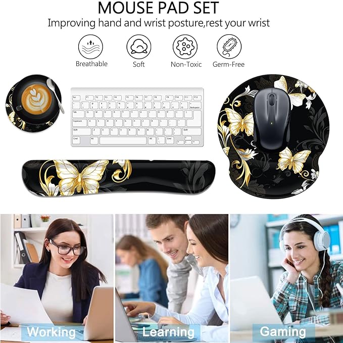 Keyboard Wrist Rest and Mouse Pad Wrist Support Set with Coasters,Non-Slip PU Base Ergonomic Gaming Mousepad for Home Office Working Studying Easy Typing & Pain Relief,Silver Golden Butterfly