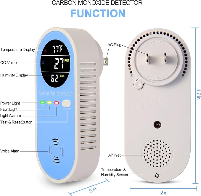 Vzmcov Plug-in Carbon Monoxide Detector with Real-Time CO Display & Temperature/Humidity Monitor, Plug-in CO Alarm for Home, RV, Apartment, Indoor Air Safety 2-Pack
