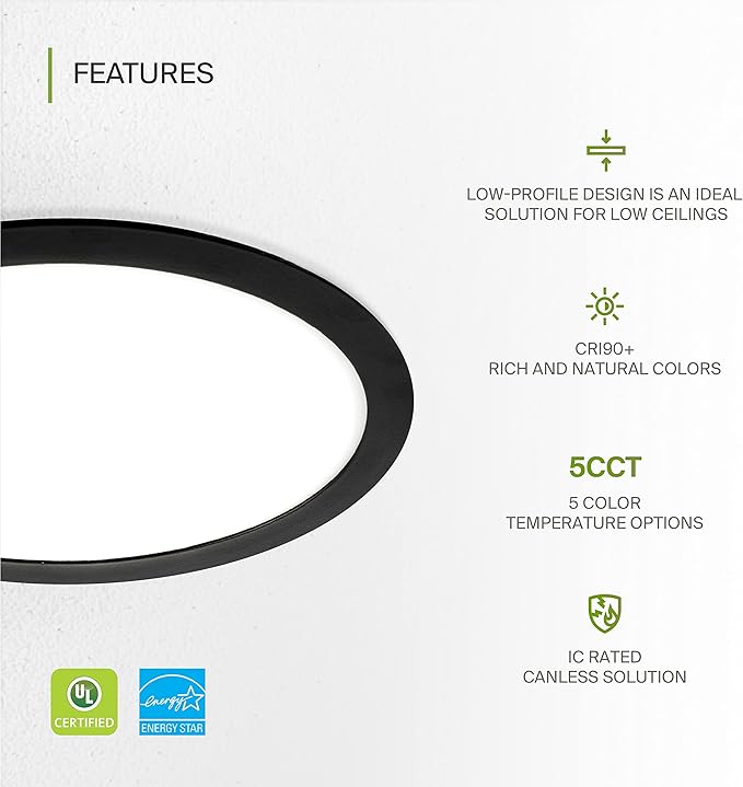 ASD 4 Pack 11/12 Inch LED Recessed Lighting 24W, 5 CCT 2700K-5000K CRI90+, IC Rated Ultra Thin Dimmable Ceiling Lights with J Box, Canless Wafer Downlight, Round Slim Panel Light, UL Listed, Black