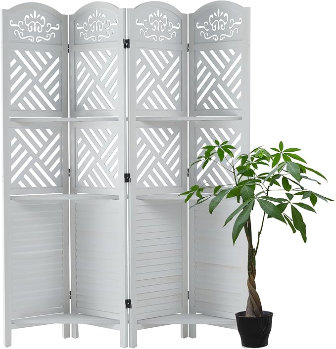 Svimi Room Divider with Shelves, 68.9inch Wood Carved and Louvered Wall Divider Freestanding, 4 Panels Folding Partition Screen for Bedroom Home Office (White)