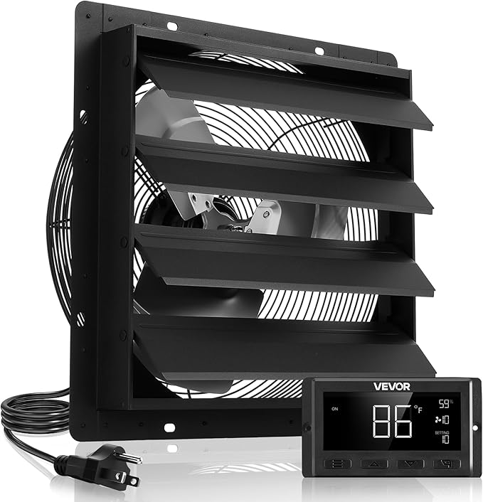 VEVOR 16 inch Shutter Exhaust Fan, Wall Mounted Attic Vent Fan with Smart Programming Variable Speed Temperature Control, 3000 CFM,EC Motor,Timer, for Shed,Garage,Greenhouse Ventilation Cooling,Black
