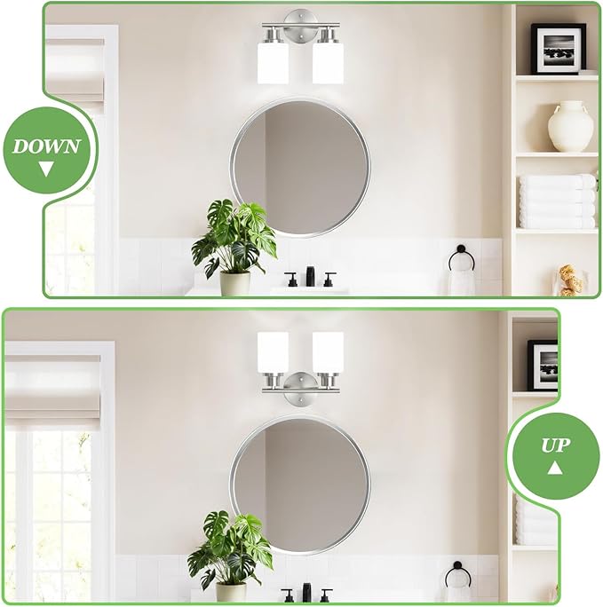Guliaofo 2-Light Vanity Lights, Brushed Nickel Bathroom Light Fixture with Striped Textured Milky White Glass Shade, E26 Modern Vanity Lighting Fixture for Bathroom Wall Sconce Light Over Mirror