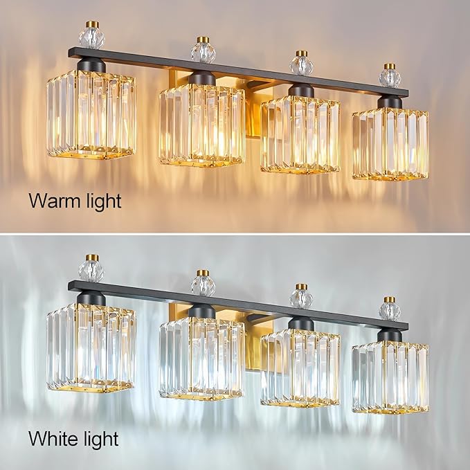 FDPBY Vanity Lights 4-Light Modern Crystal Vanity Light Black Gold Bathroom Light Fixtures Over Mirror Crystal Bathroom Vanity Lighting Fixtures