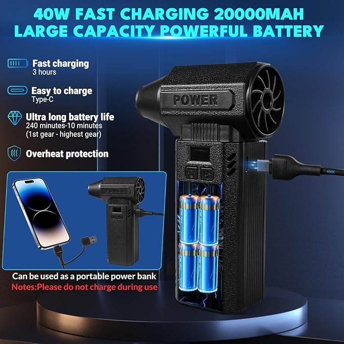 Newdehanm Violent Turbo Fan,Electric Compressed Air Duster & Vacuum Cleaner, Portable Rechargeable Cordless Handheld Air Blower with LED Light & Power Bank for PC, Outdoor, House, Car,20000mAh
