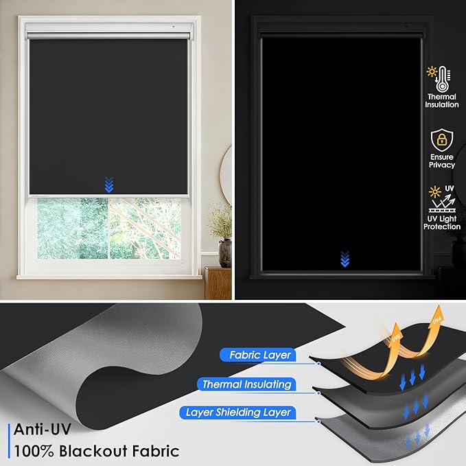 Motorized Roller Blinds with Remote Control & Solar Panel - 100% Blackout Smart Blinds, Automatic, Cordless, Electric Shades - Compatible with Alexa - Grey, 34" W x 72" H