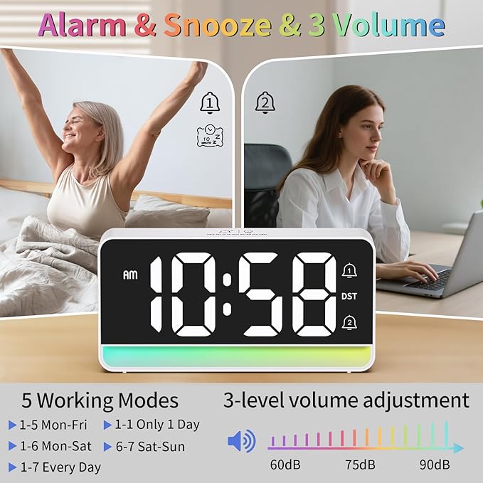 Alarm Clocks for Bedrooms, Digital Bedside Clock with RGB Night Light, Adjustable Volume for Heavy Sleepers, USB Charger, Large Display, Modern Decor for Desk, Dimmable Alarm Clock for Kids(White)