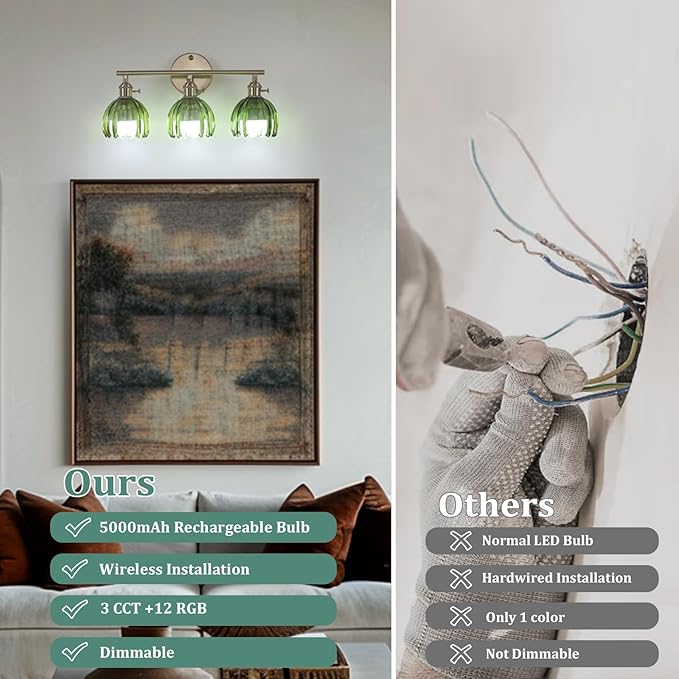 Shenmoyl Battery Operated Bathroom Light Fixtures, 3-Light Brass Vanity Wall Light with 5000mAh Rechargeable Bulb Over Mirror with Green Tulip Glass Shade for Bedroom Living Room