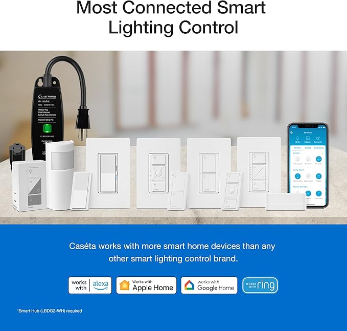Lutron Caseta 3 Way Smart Dimmer Light Switch Kit, Includes Pico Remote, Bracket, and LED Dimmer Switch, No Neutral Required, P-PKG1WB-WH