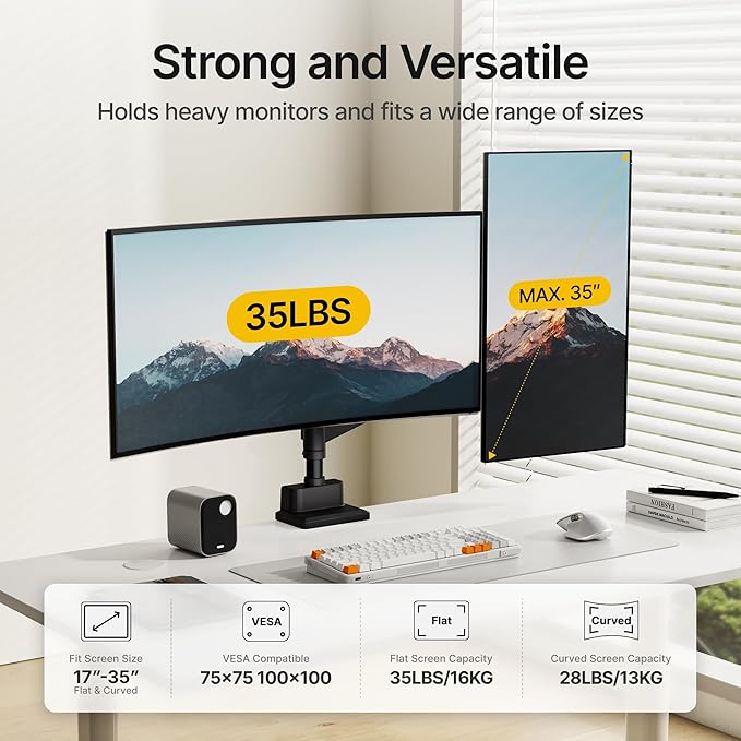 monTEK Dual Monitor Mount Tall Monitor arms for 2 Monitors for 17 to 35 Inch Curved Screen Holds 35 Lbs Adjustable Heavy Duty Monitor Desk Mount Cable Management, VESA 75/100mm, MA1007PBK-D