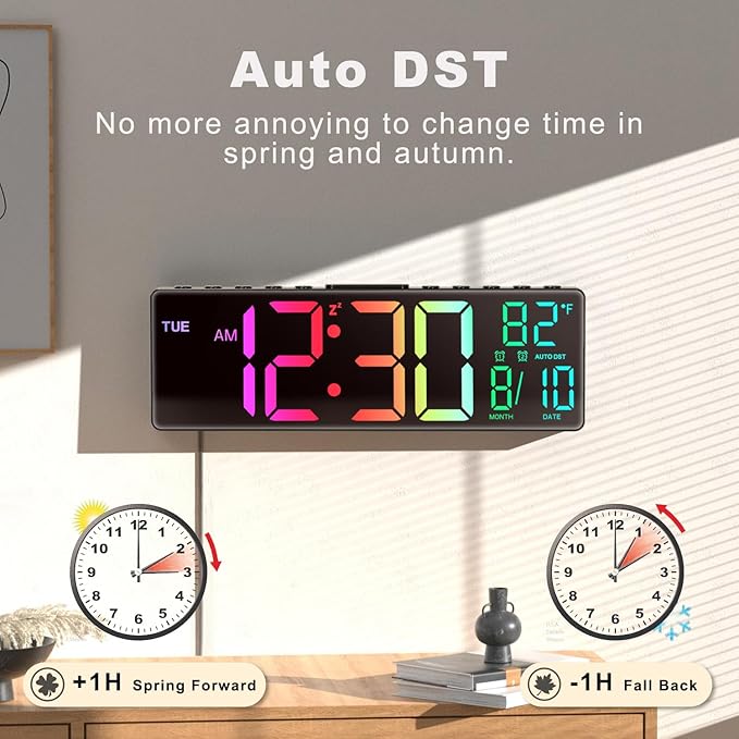 JALL 10.5'' Large Digital Wall Clock, Big LED Number Display, Alarm, RGB Colors, Auto DST, Temperature for Classroom, Bedroom, Decor, Birthday Xmas Gift for Senior, Mem Womem Mom Dad
