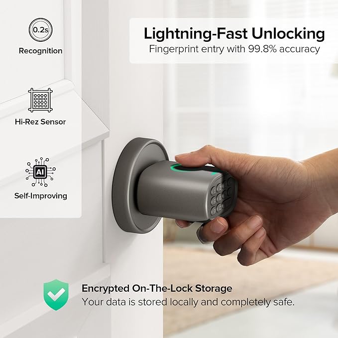 ThorBolt Keyless Entry Door Lock, Fingerprint Door Lock with Keypad Biometric Door Knob, Auto-Lock for Interior Doors Thickness up to 2-1/4", Bedroom, Home Office, Garage, 4xAA Alkaline, MD1 Titanium