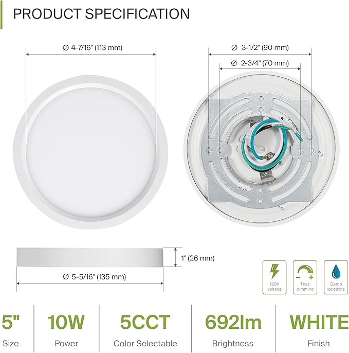 ASD LED 5" Round Flush Mount Ceiling Light Fixture, Low Profile Surface Lighting | 5CCT, Dimmable, Ultra-Thin, ETL Listed | 10W 700LM 2700-6000K 120V | Kitchen, Bedroom, Hallway Lamp | White, 12 Pack