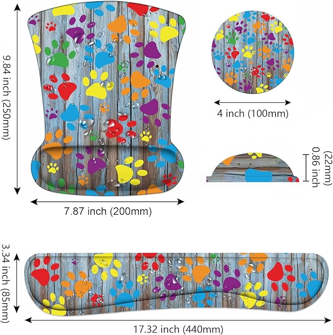 Ergonomic Mouse Pad Wrist Support and Keyboard Wrist Rest Set with Coasters, Non-Slip PU Base, Easy Typing & Relieve Wrist Pain for Home Office Working Studying, Rustic Wooden Board Colorful Paw Print